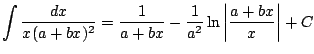 $ \displaystyle \int \frac{dx}{x(a+bx)^2}= \frac{1}{a+bx} - \frac{1}{a^2}\ln \left\vert \frac{a+bx}{x} \right\vert+C$