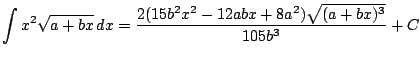 $ \displaystyle \int x^2 \sqrt{a+bx}\, dx = \frac{2(15b^2x^2-12abx+8a^2)\sqrt{(a+bx)^3} }{105b^3}+C$
